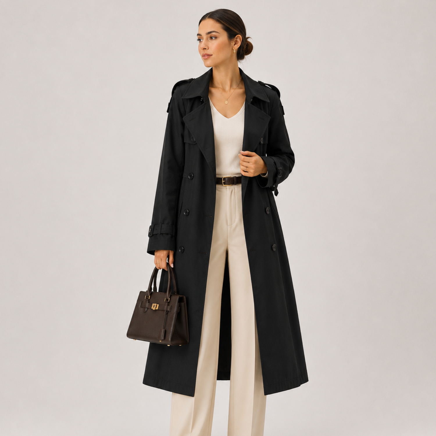Women's Long Trench Coat Double Breasted Belted Classic Outerwear
