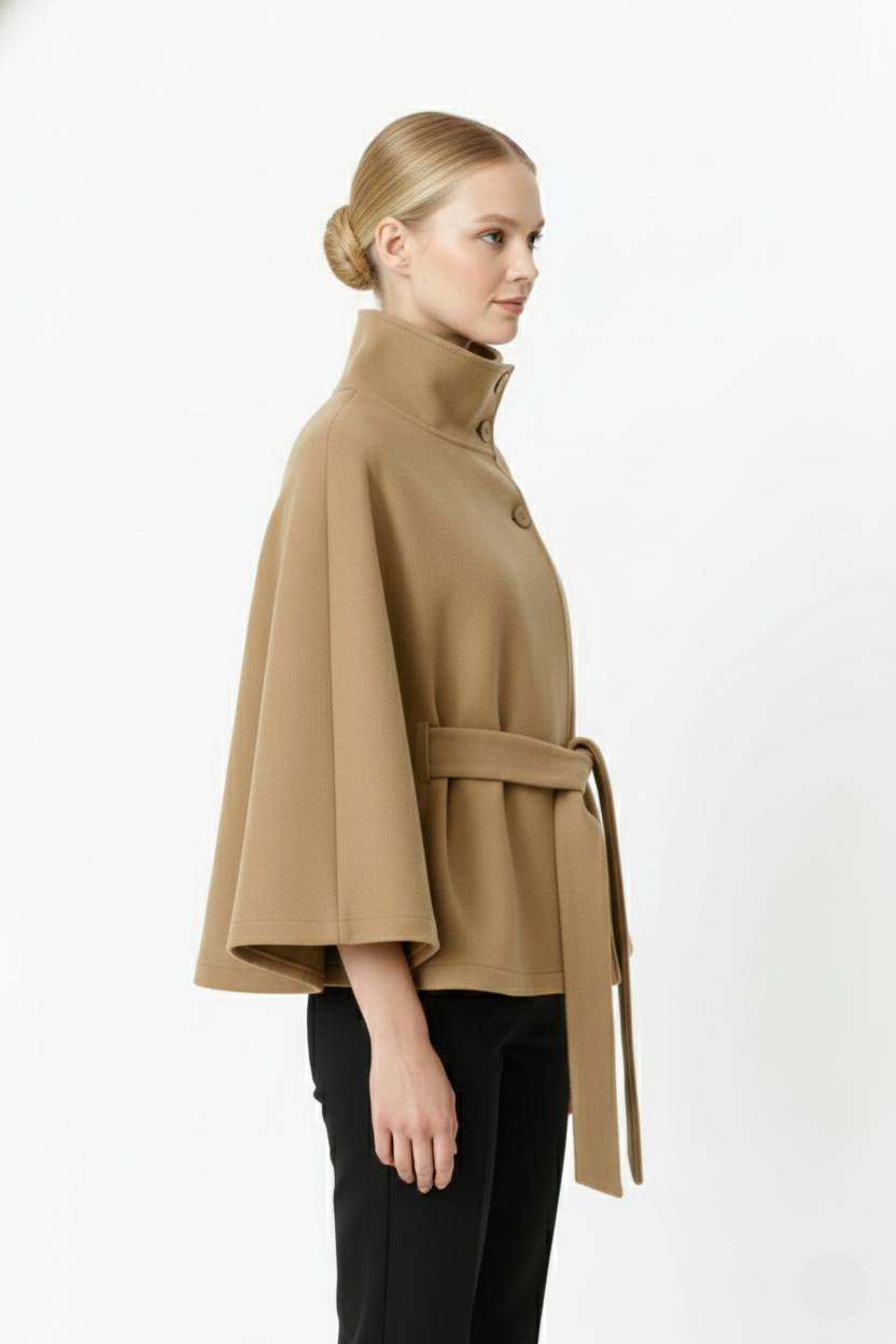 Women's Belted Wool Cape Coat with High Collar
