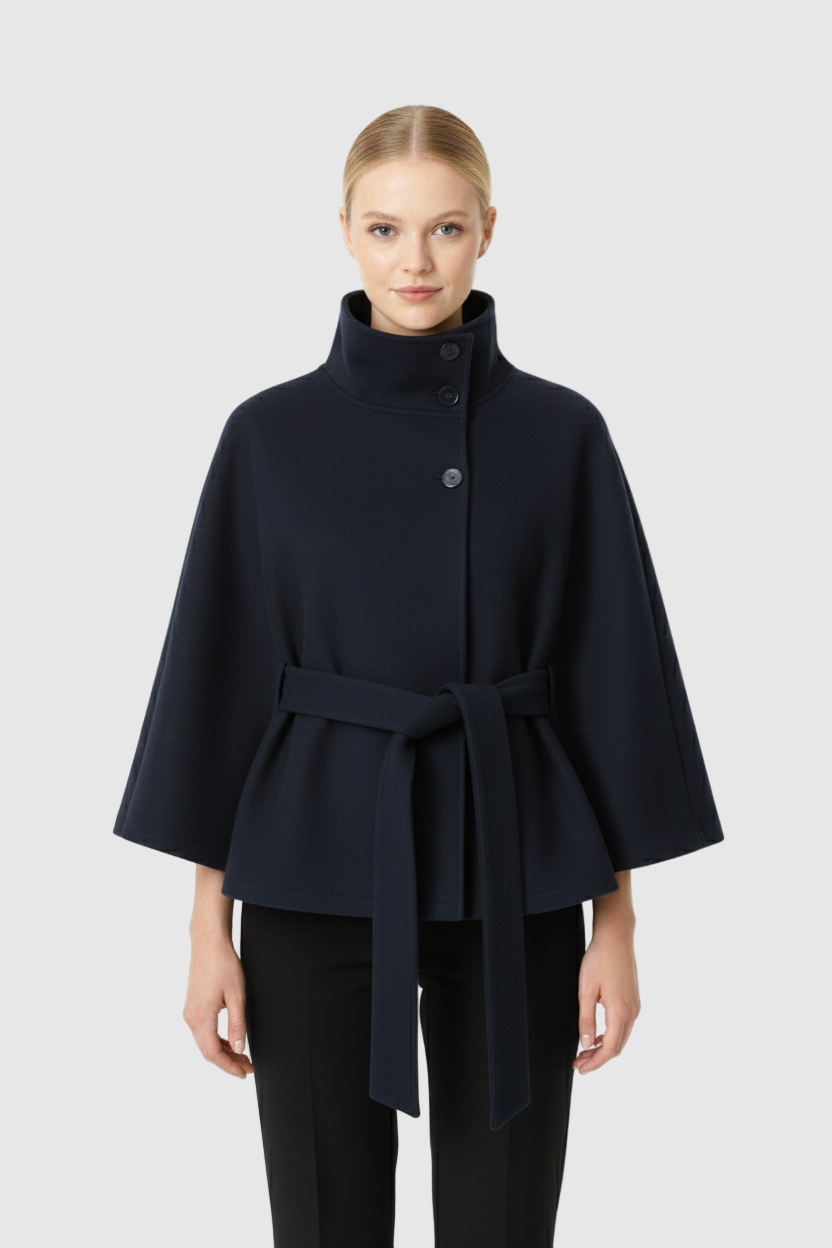 Women's Belted Wool Cape Coat with High Collar