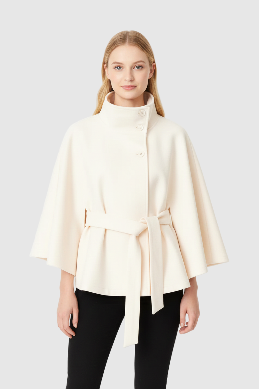 Women's Belted Wool Cape Coat with High Collar