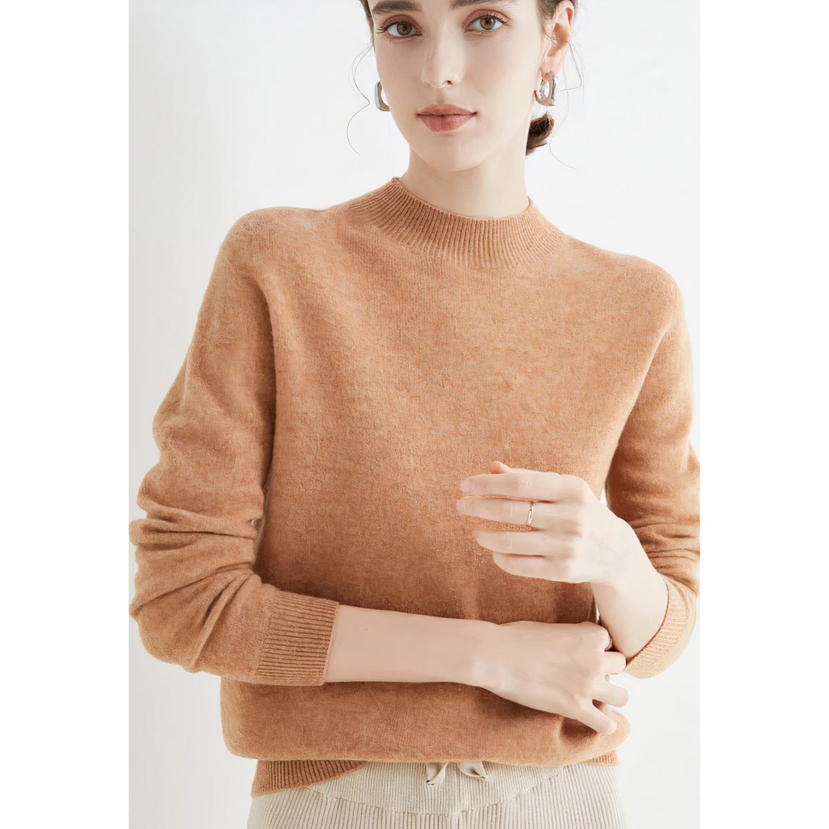 Armande - Women's Jumper with Roll Neck and Long Sleeves - Camel Brown