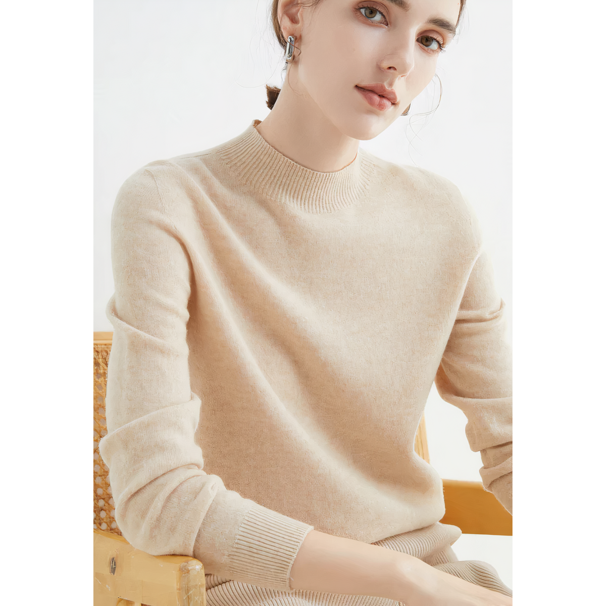Armande - Women's Jumper with Roll Neck and Long Sleeves - Beige