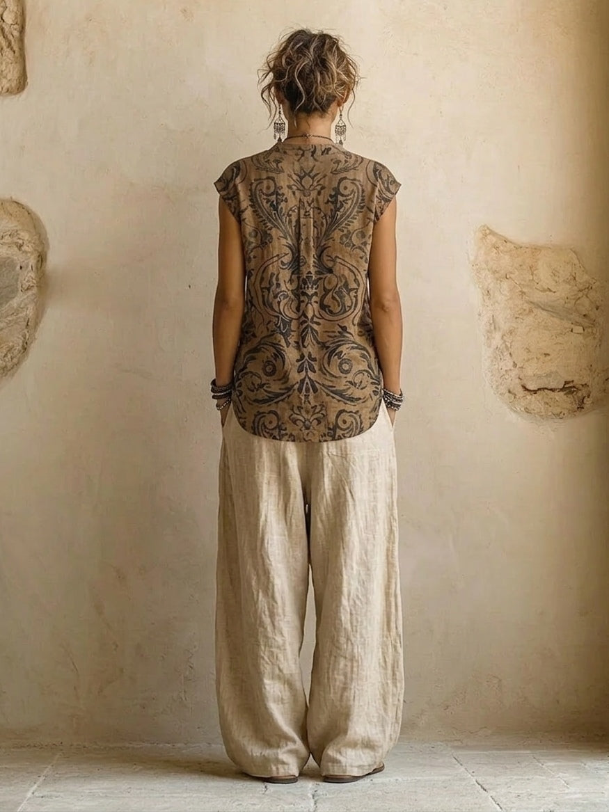 Women's Three Piece Boho Set with Printed Top, Cardigan and Trousers - photo 3