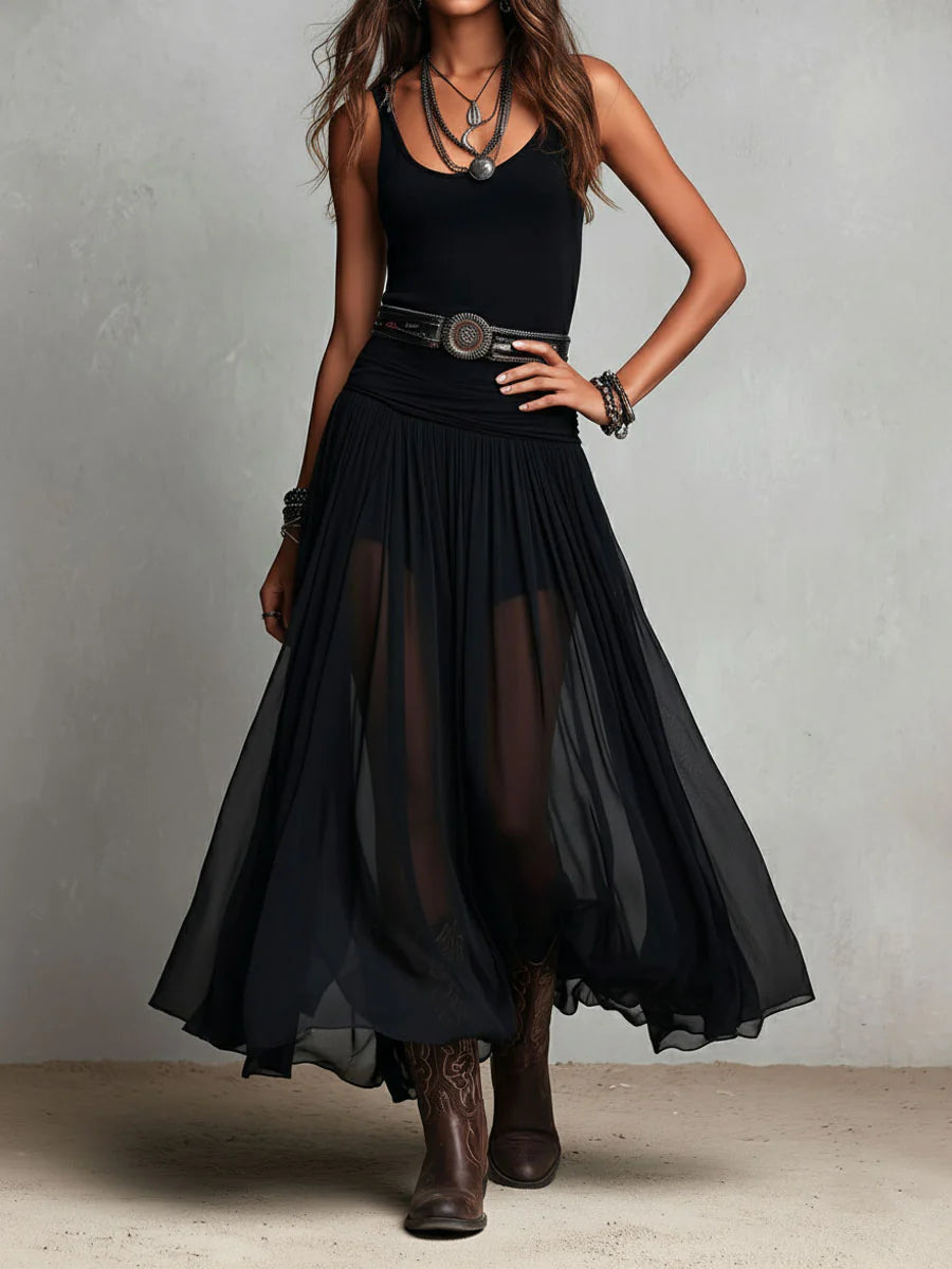 Robe Longue Femme en Mousseline Plissée à Coupe Fluide