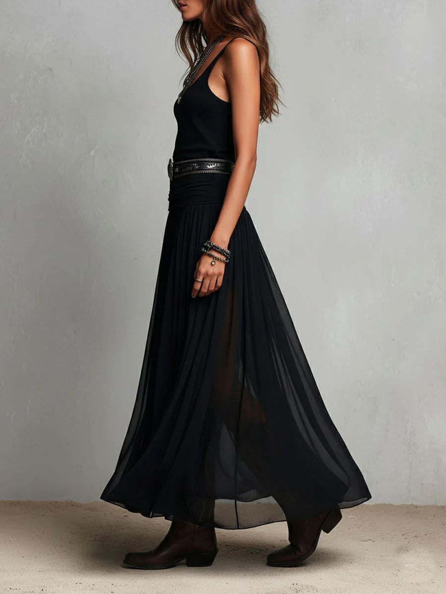 Robe Longue Femme en Mousseline Plissée à Coupe Fluide