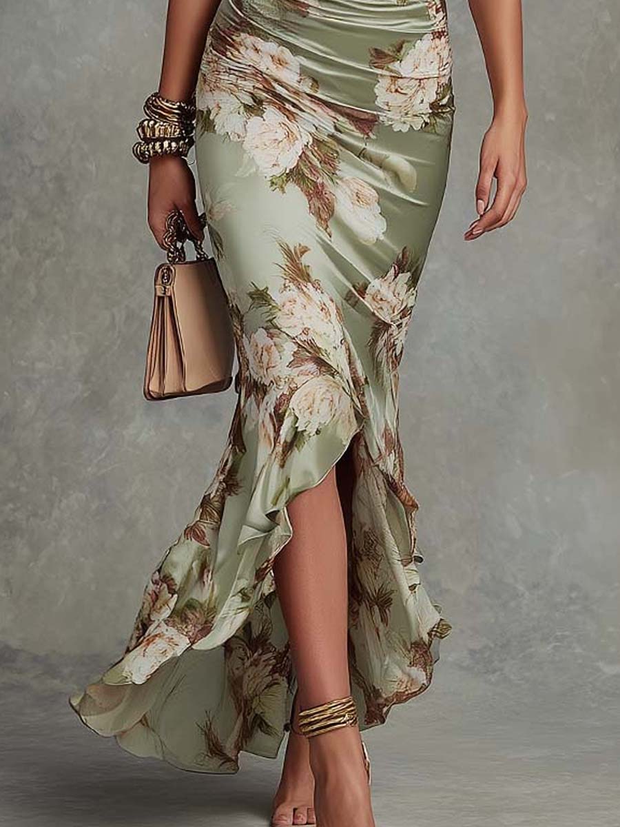 Robe Longue Florale Satinée Col en V Femme