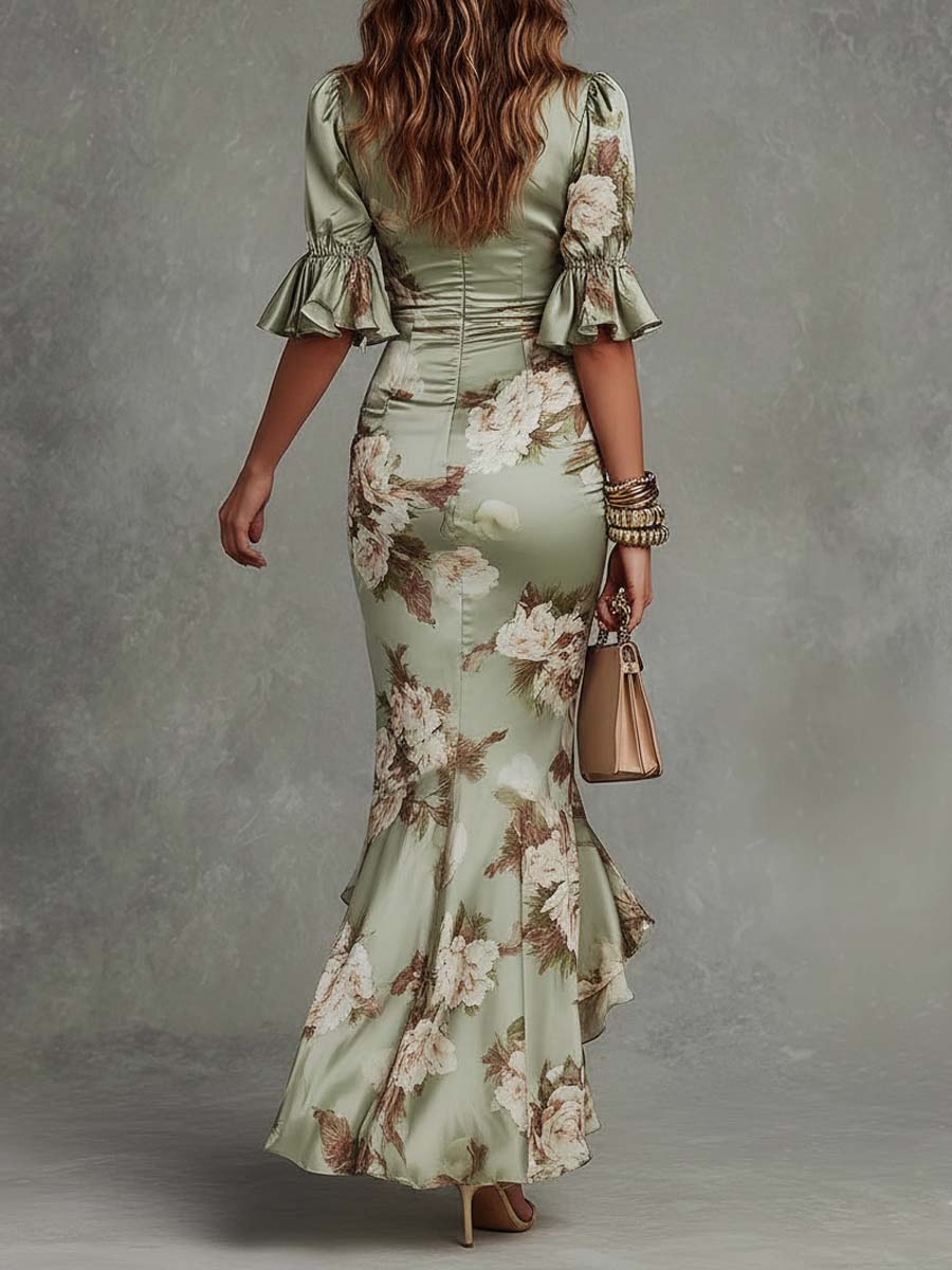Robe Longue Florale Satinée Col en V Femme