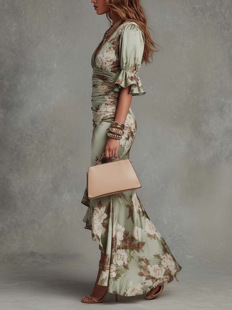 Robe Longue Florale Satinée Col en V Femme
