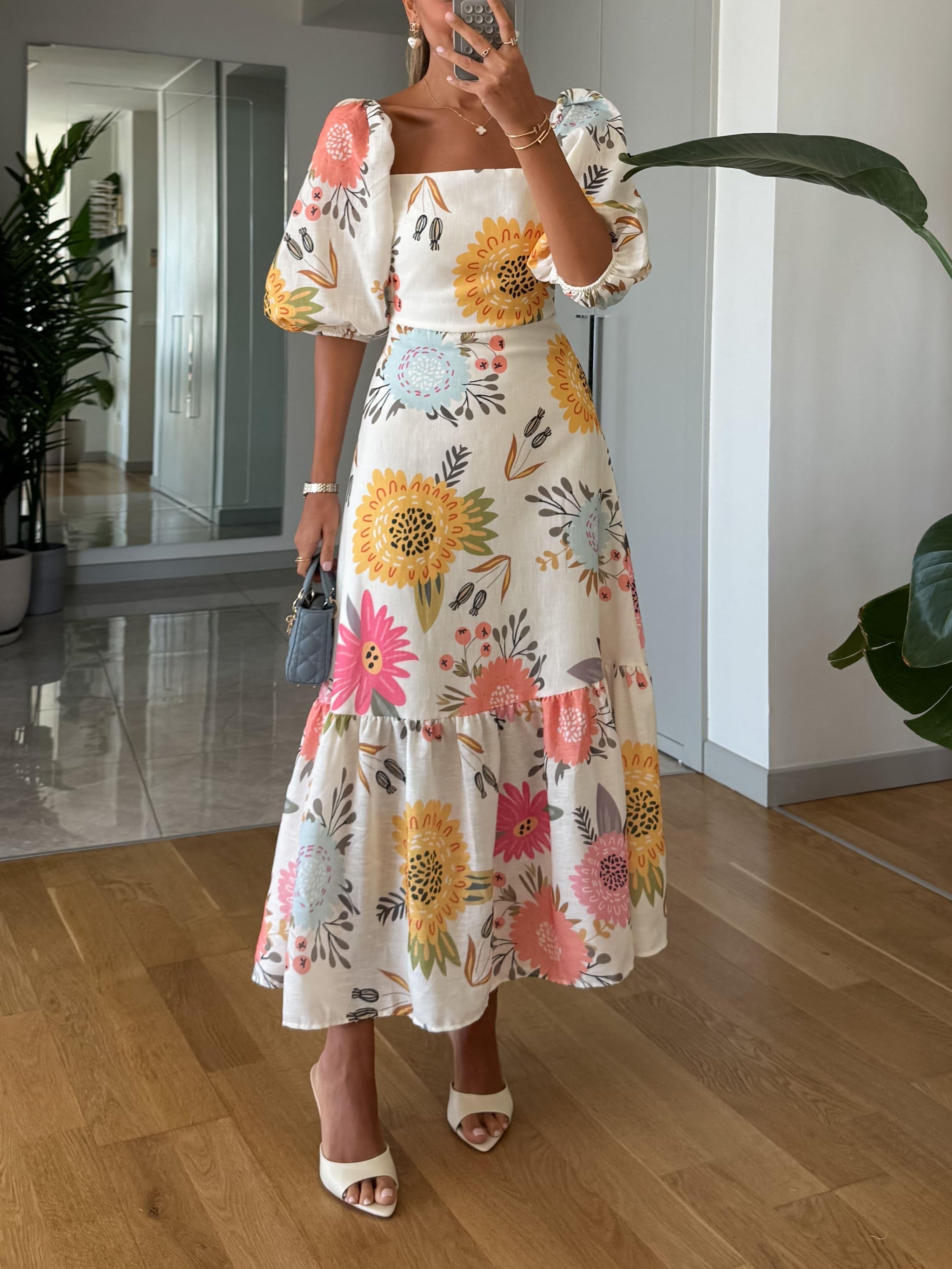 Women's Square Neck Floral Puff Sleeve Midi Dress - photo 1