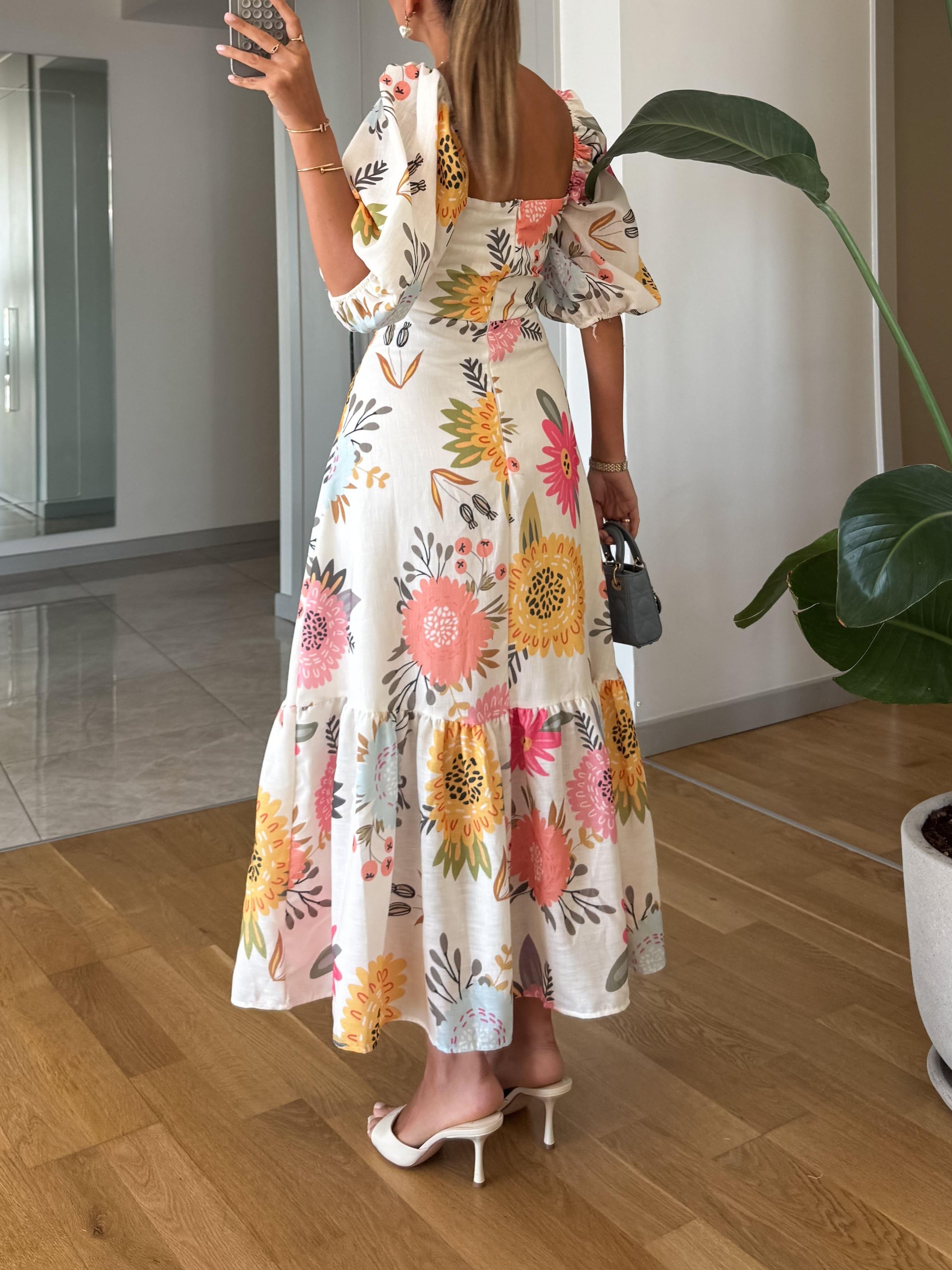 Women's Square Neck Floral Puff Sleeve Midi Dress - photo 2