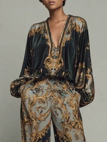 Completo donna in velluto floreale barocco con pantaloni a gamba larga