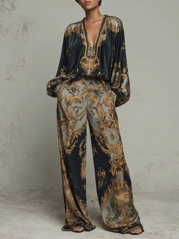 Completo donna in velluto floreale barocco con pantaloni a gamba larga