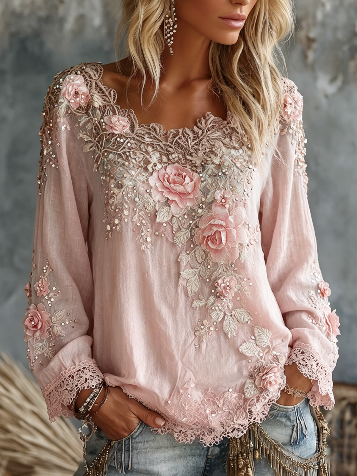 Esmeralda - Women's Vintage Floral Crew Neck Long Sleeve Top - photo 3