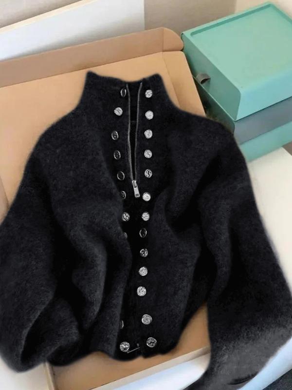 Nolwenn - Women's Brushed Knit Cardigan with High Neck
