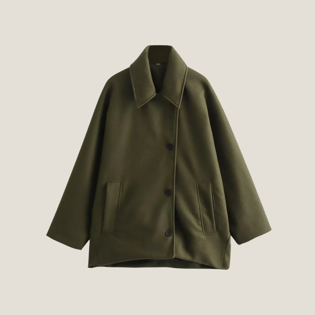 Adela - Women's Relaxed Coat with Button Front in Army Green