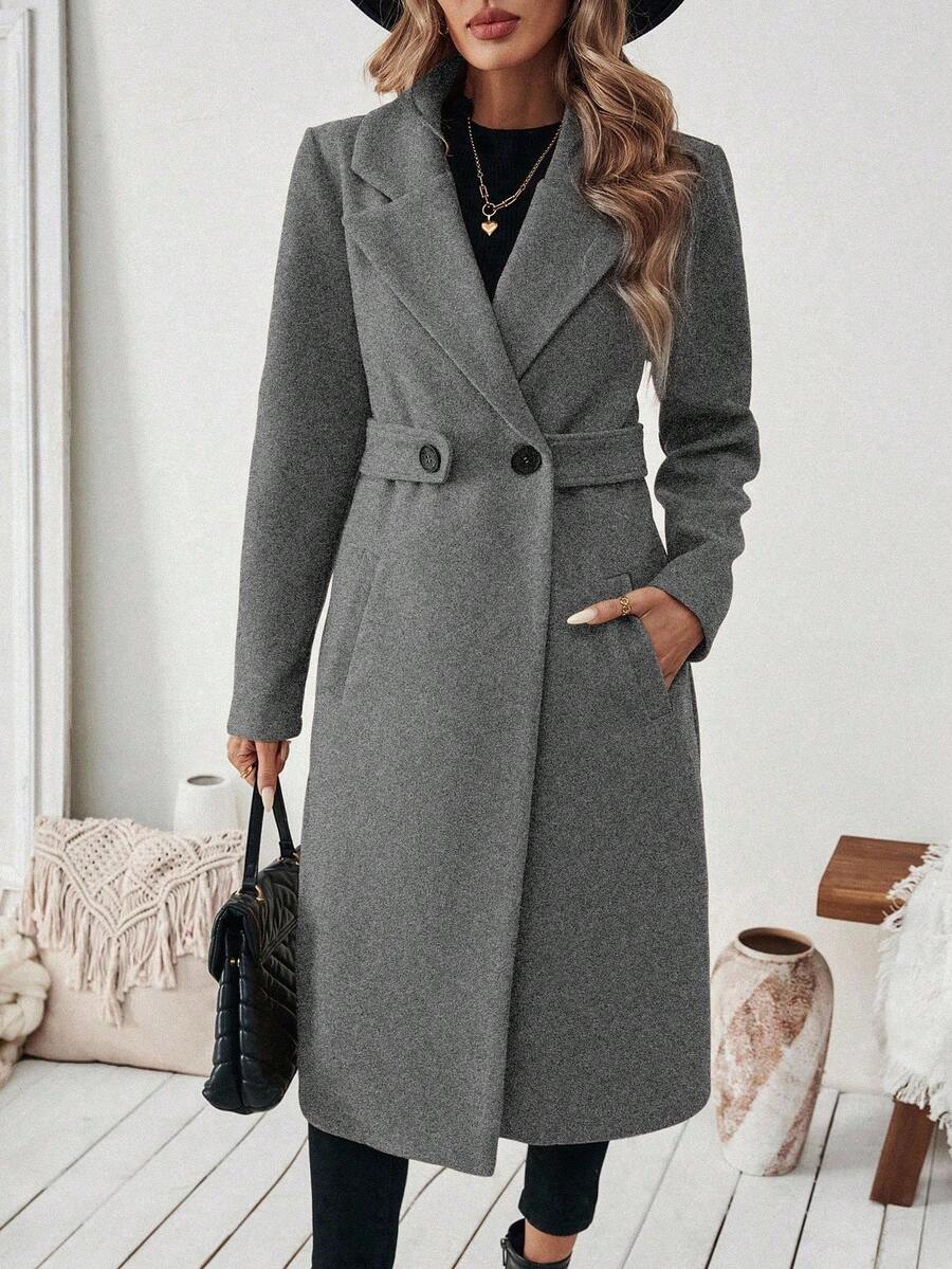 Adelheid - Women's Coat with Lapel Collar - Grey