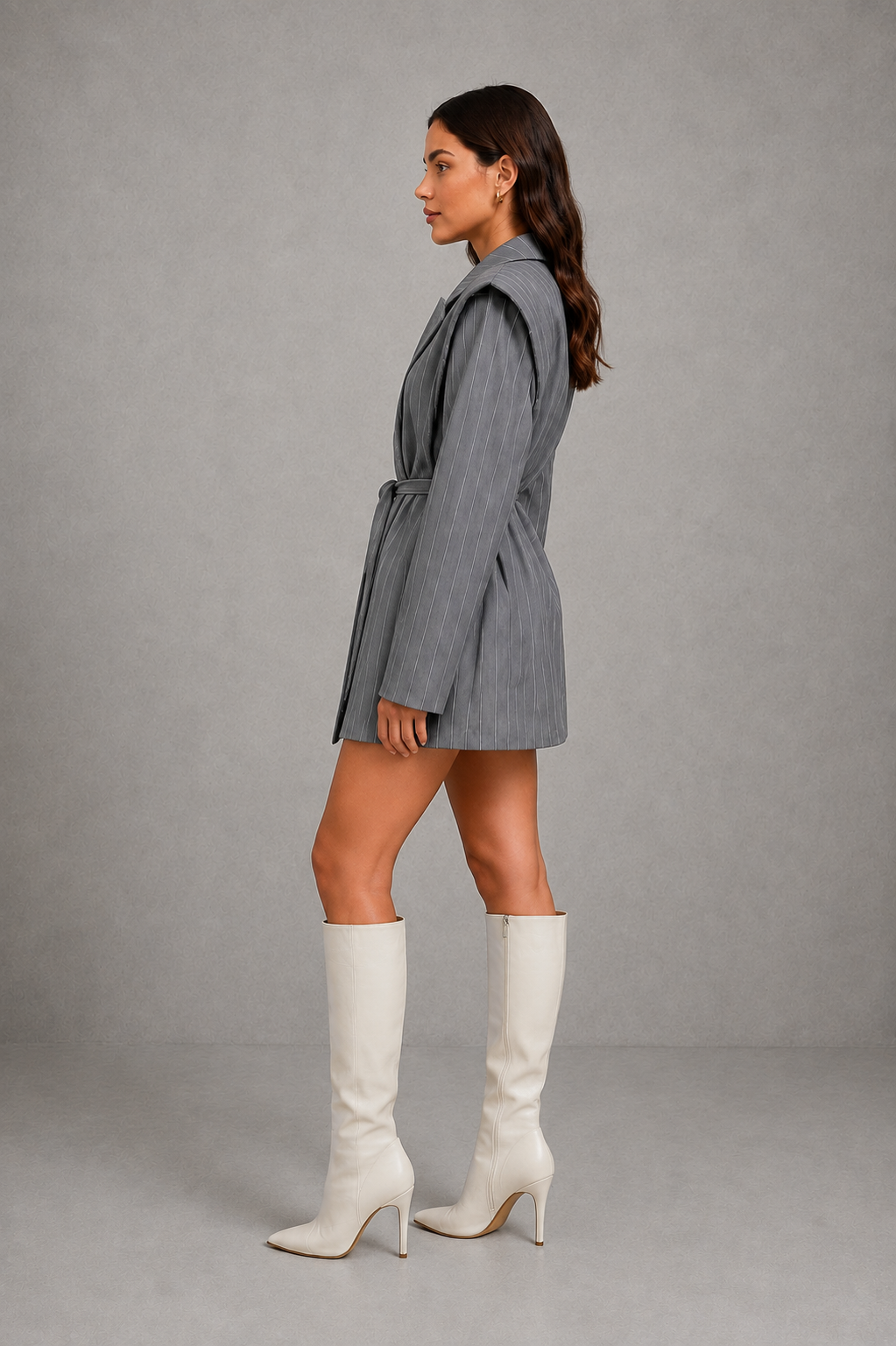 Alba - Women's Pinstripe Belted Longline Blazer - photo 2