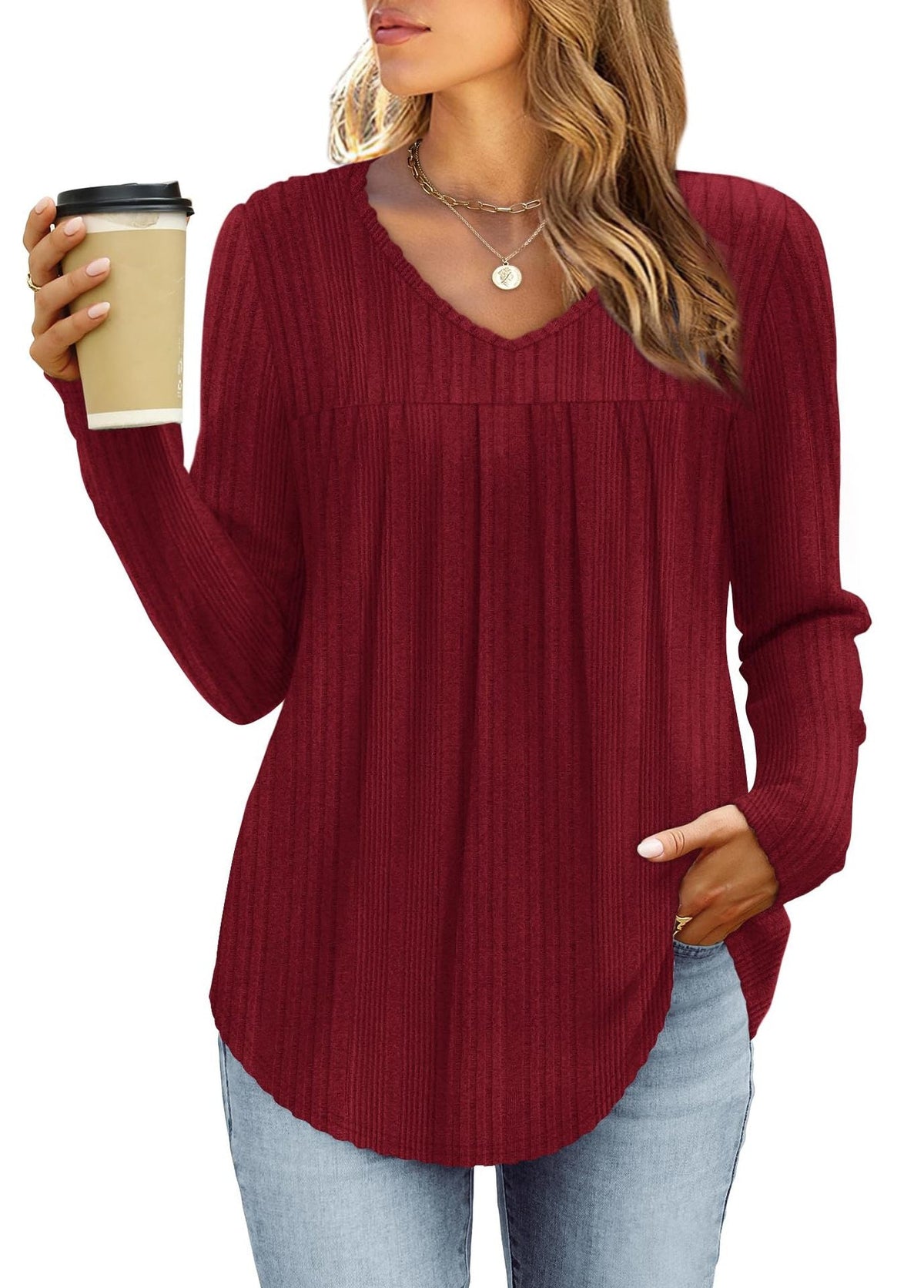 Amie - Women's Ribbed Top with Pleated Front and V-Neck - photo 1