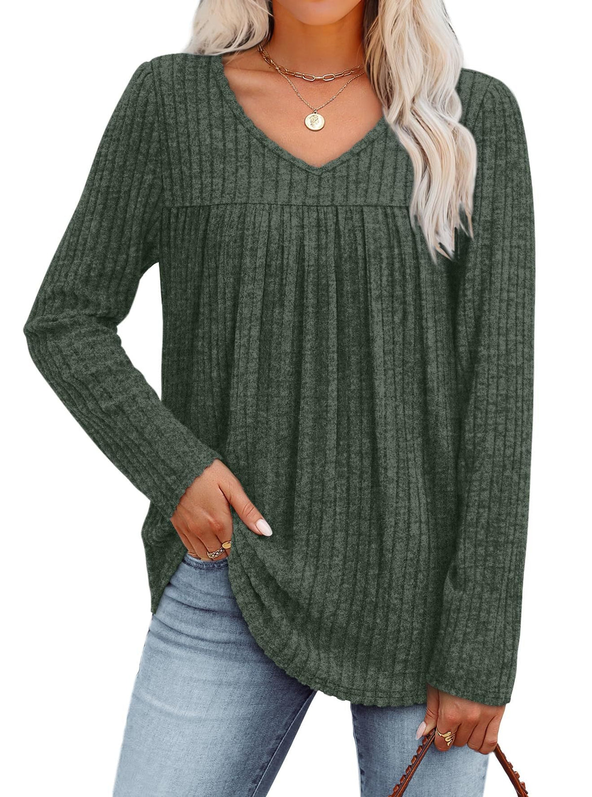 Amie - Women's Ribbed Top with Pleated Front and V-Neck - photo 5