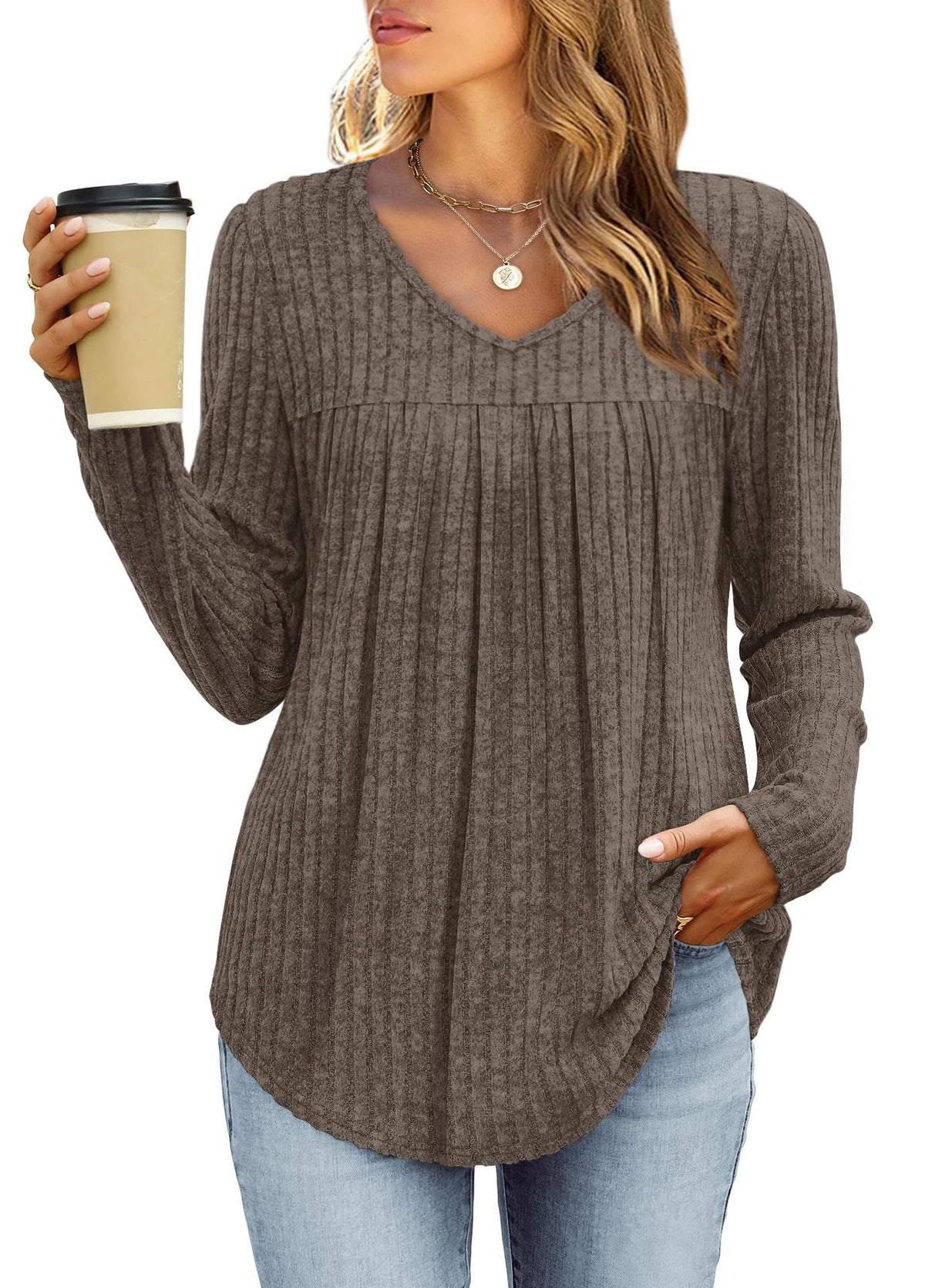 Amie - Women's Ribbed Top with Pleated Front and V-Neck - photo 6