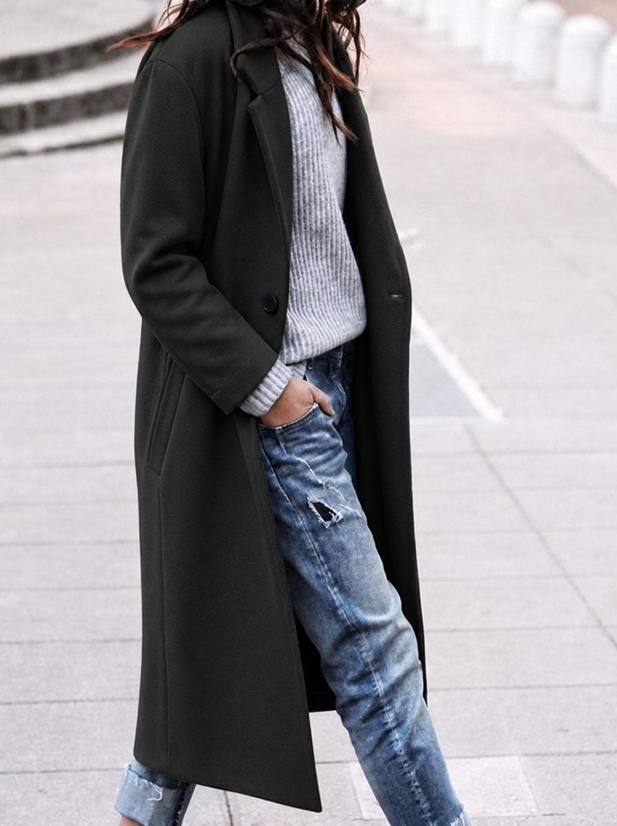 Angelika - Women's Oversized Longline Coat with Notch Lapels - Black