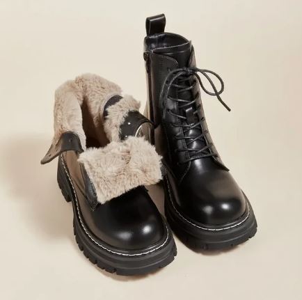 Antonia - Women's Combat Boots with Lace-Up Front and Faux Fur Cuff - photo 1