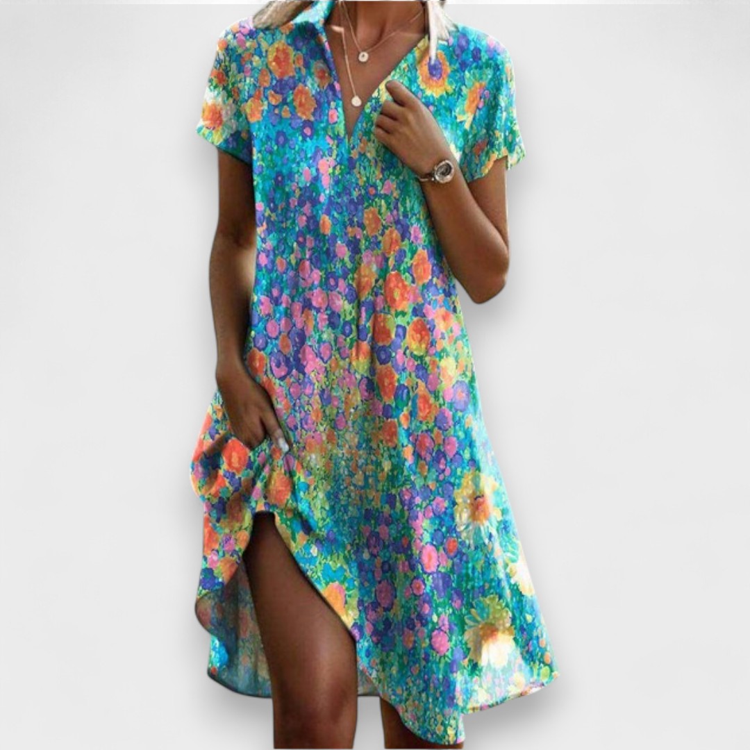 Robe Femme Évasée à Imprimé Floral Multicolore et Col V