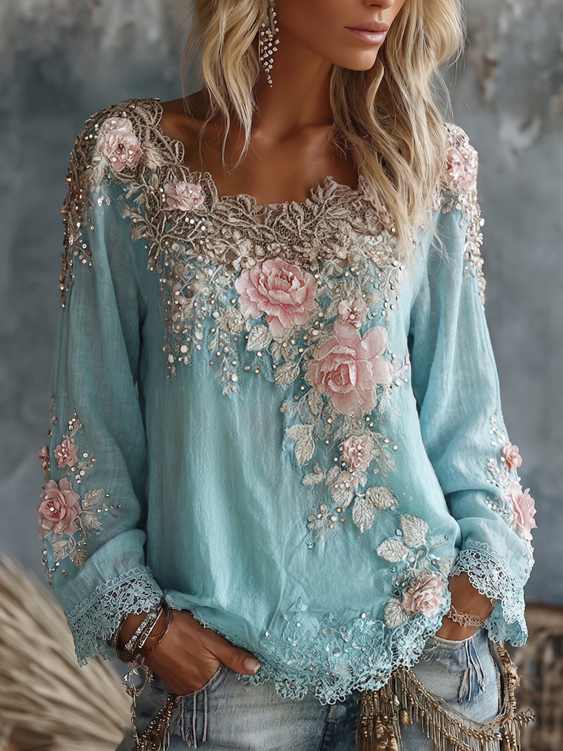 Cardydony - Women's Vintage Floral Crew Neck Long Sleeve Top - photo 1