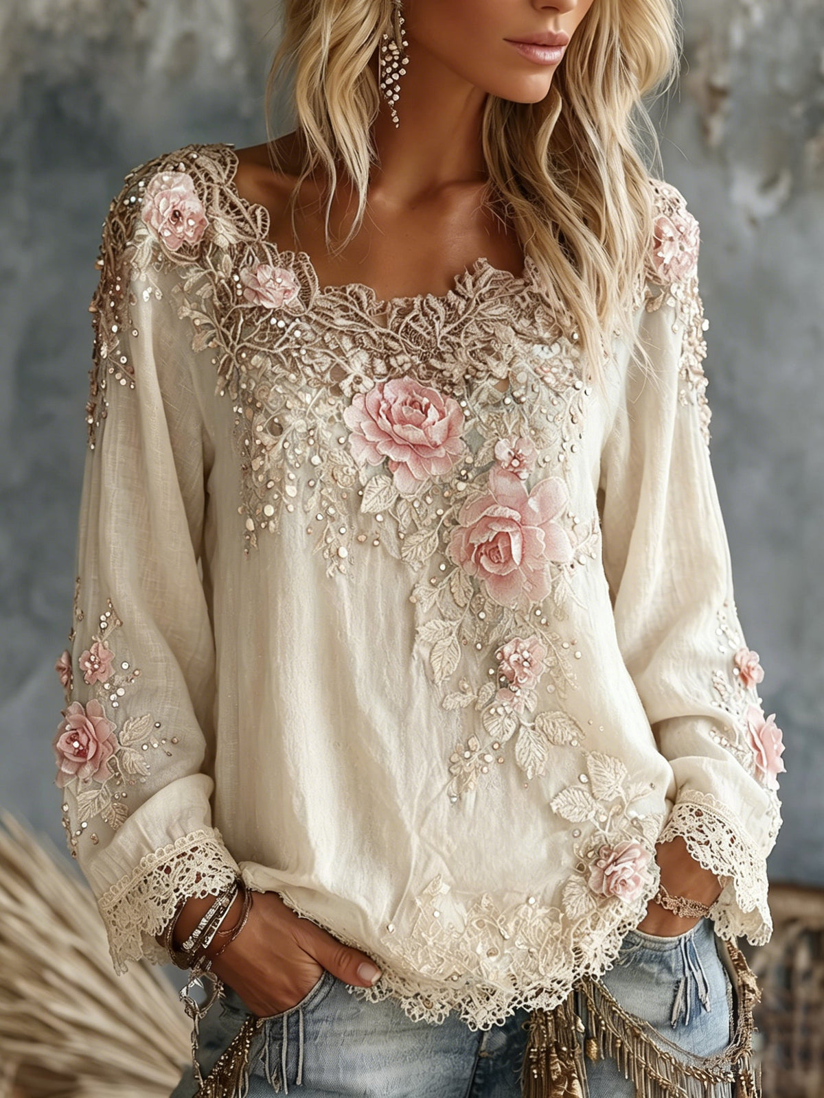 Cardydony - Women's Vintage Floral Crew Neck Long Sleeve Top - photo 6
