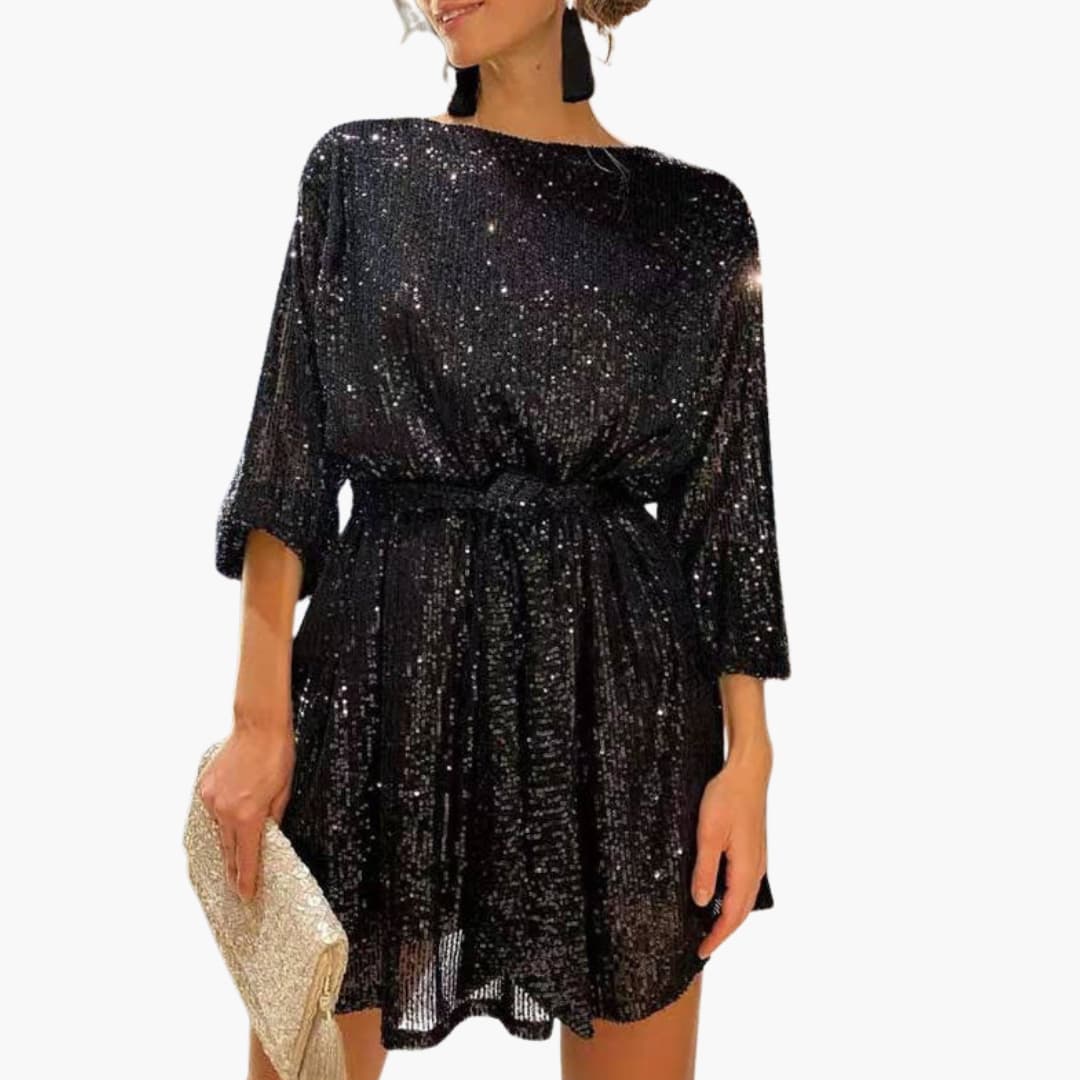 Birdella - Women's Mini Dress with Tie Belt and Rhinestone Detail - photo 2