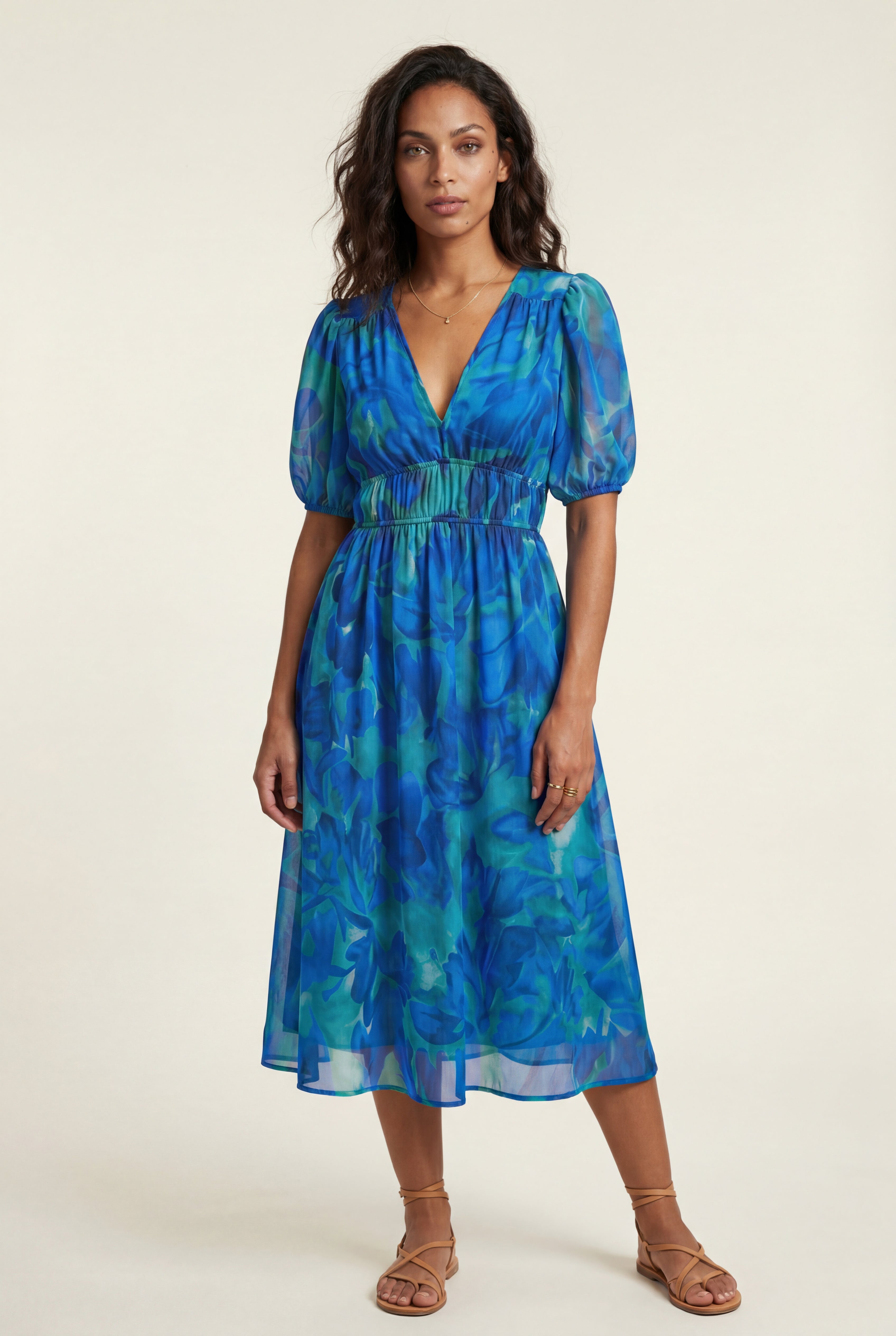 Elcevi - Women's Puff Sleeve V Neck Elastic Waist Midi Dress - photo 1
