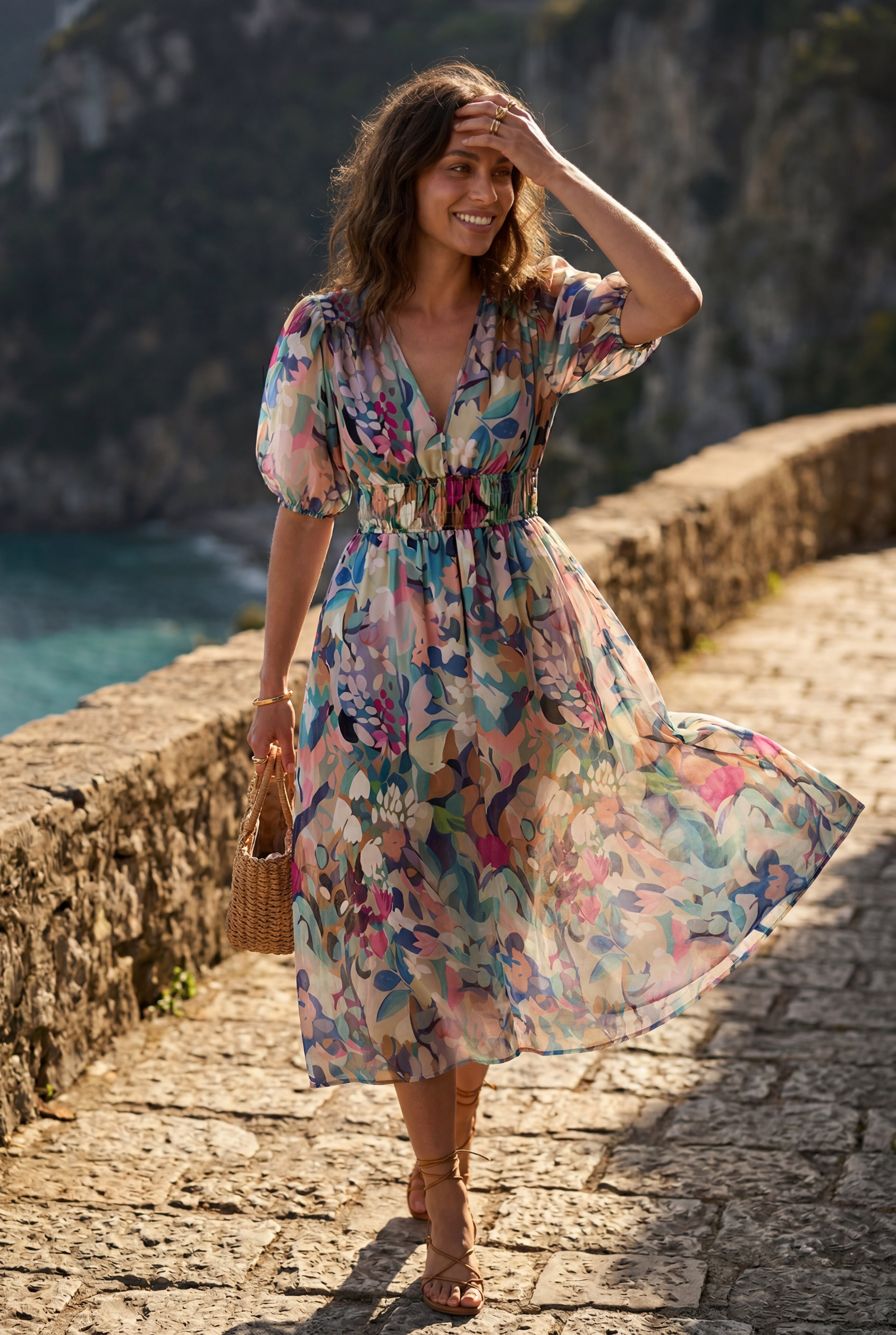 Elcevi | Puff Sleeve V-neck Midi Dress with Elastic Waist For Women