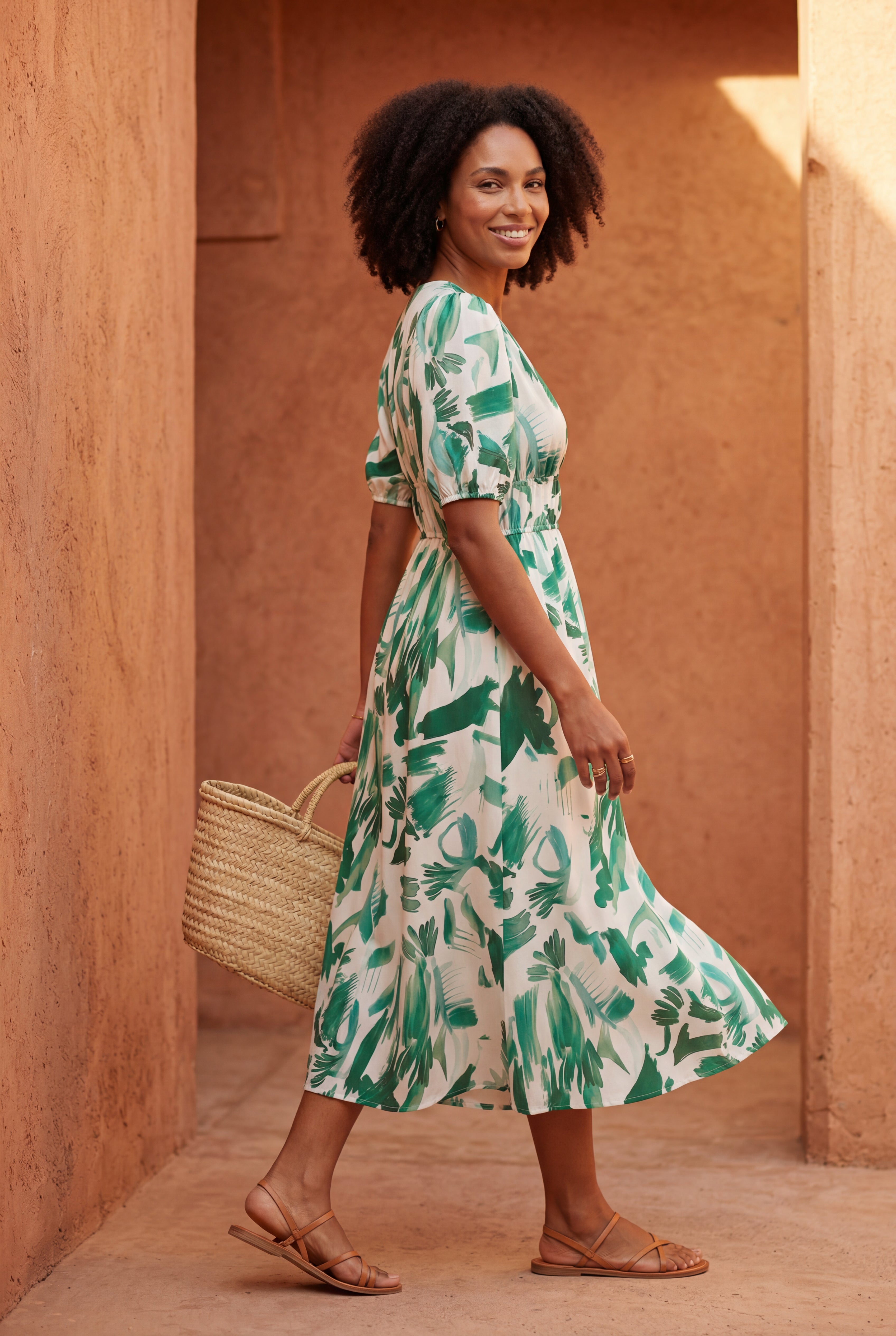 Elcevi | Puff Sleeve V-neck Midi Dress with Elastic Waist For Women