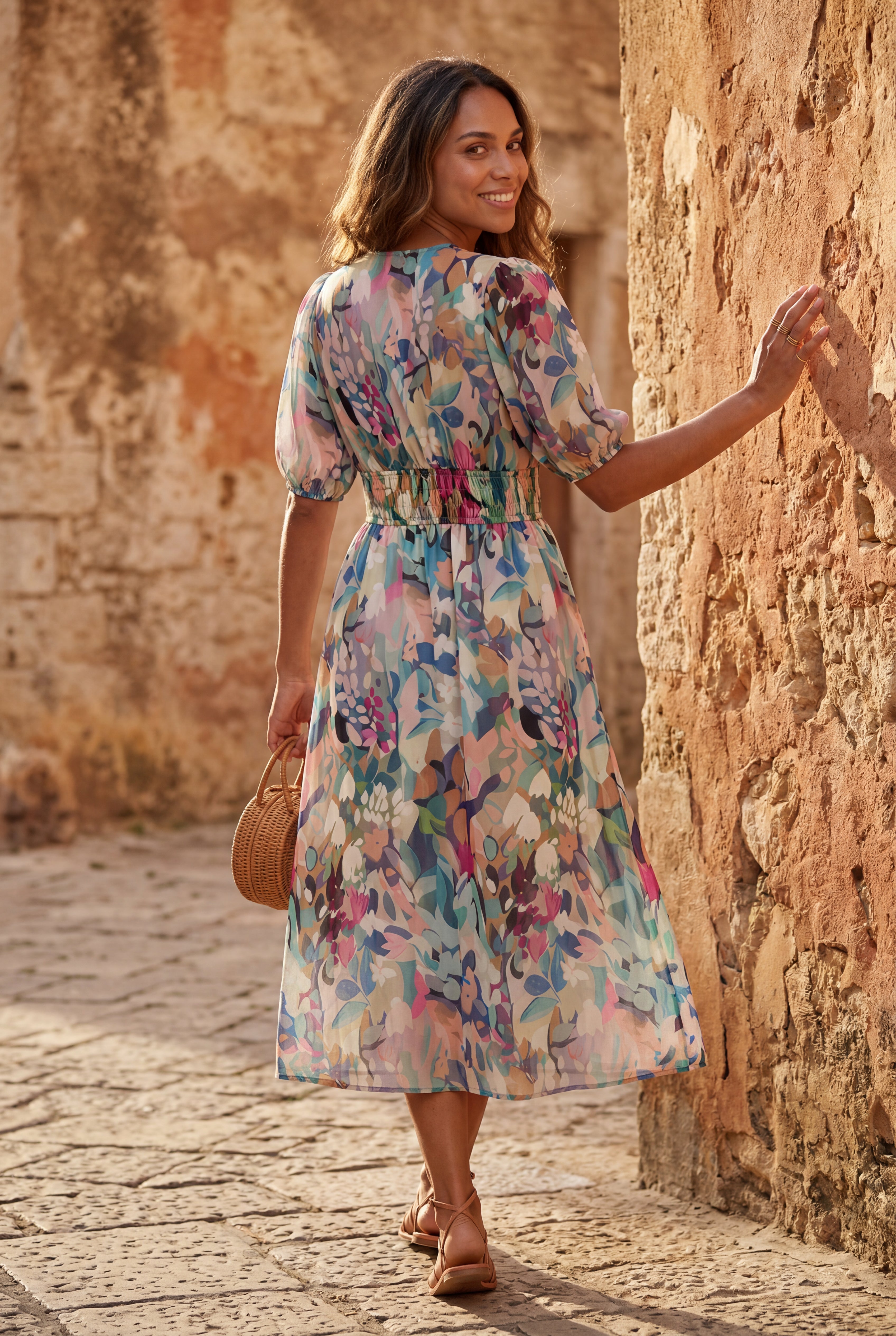 Elcevi | Puff Sleeve V-neck Midi Dress with Elastic Waist For Women