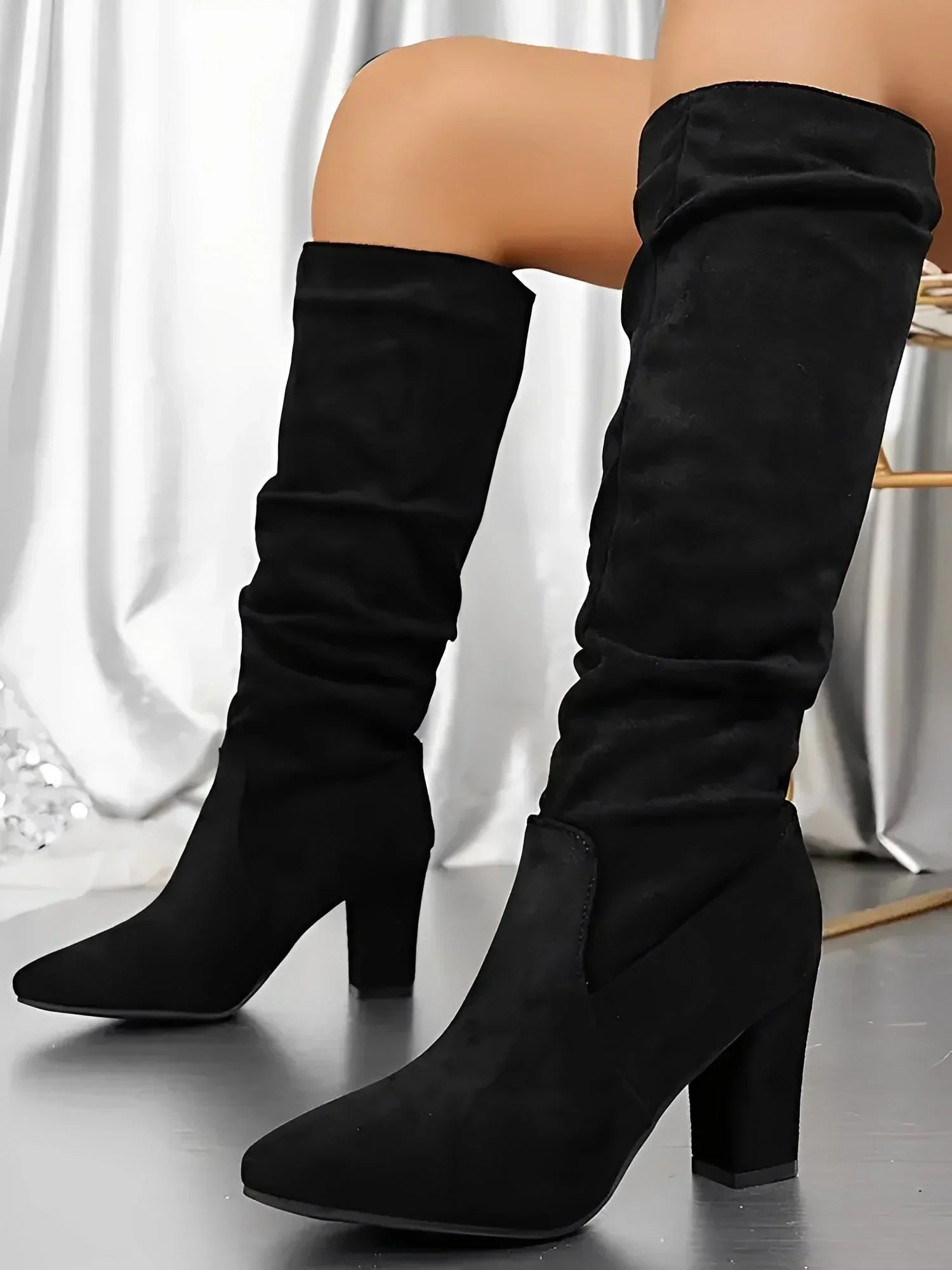 Alexa - Women's Modern Pleated Style Block Heel Knee Boots - photo 2