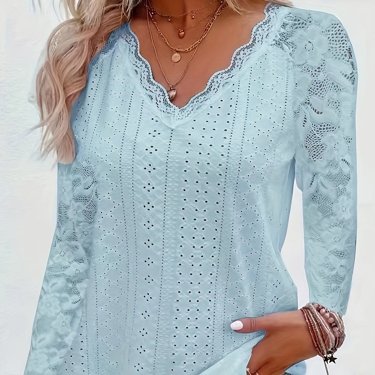 Ileana - Women's Top with Lace Sleeves and Tie Neck