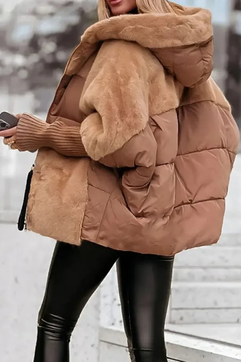 Women's Quilted Winter Cape with Hood and Faux Fur Collar - photo 1