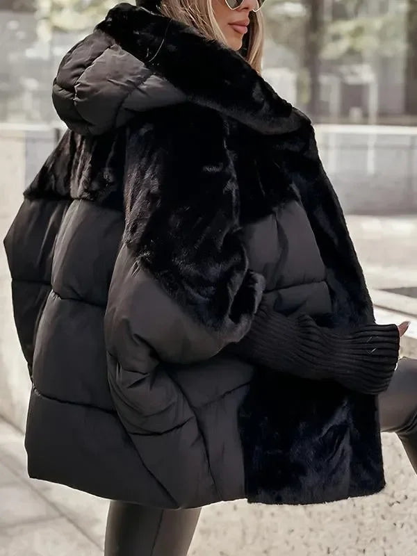 Women's Quilted Winter Cape with Hood and Faux Fur Collar - photo 12