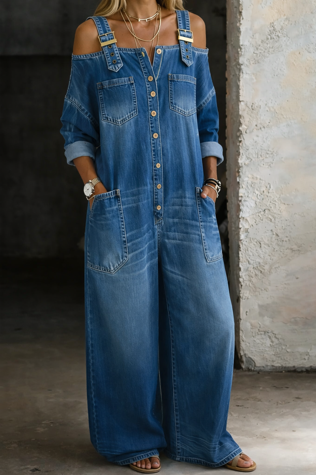 Carleen - Women's Off Shoulder Denim Jumpsuit - photo 1