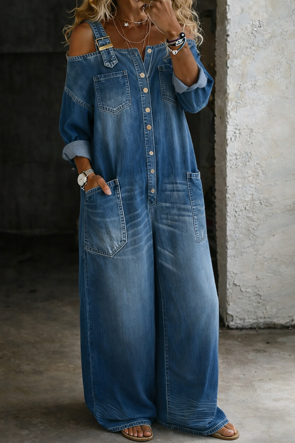 Carleen - Women's Off Shoulder Denim Jumpsuit - photo 4
