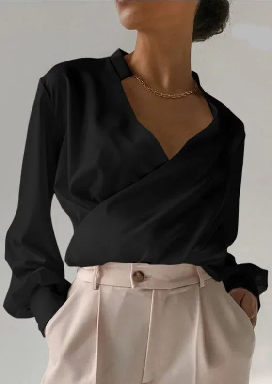 Yasmin - Blusa da donna con scollo a V e maniche lunghe aderenti