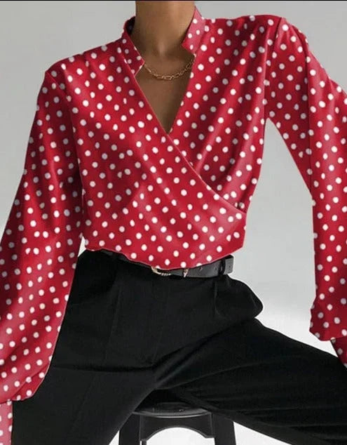 Yasmin - Blusa da donna con scollo a V e maniche lunghe aderenti