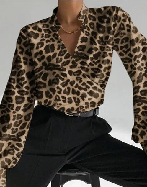 Yasmin - Blusa da donna con scollo a V e maniche lunghe aderenti