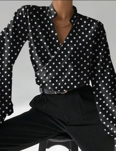 Yasmin - Blusa da donna con scollo a V e maniche lunghe aderenti