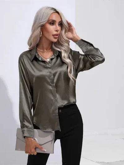 Women's Modern Satin Blouse with Long Sleeves