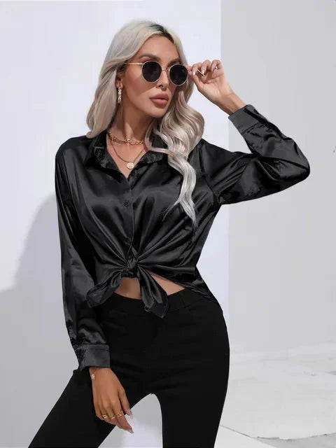 Women's Modern Satin Blouse with Long Sleeves
