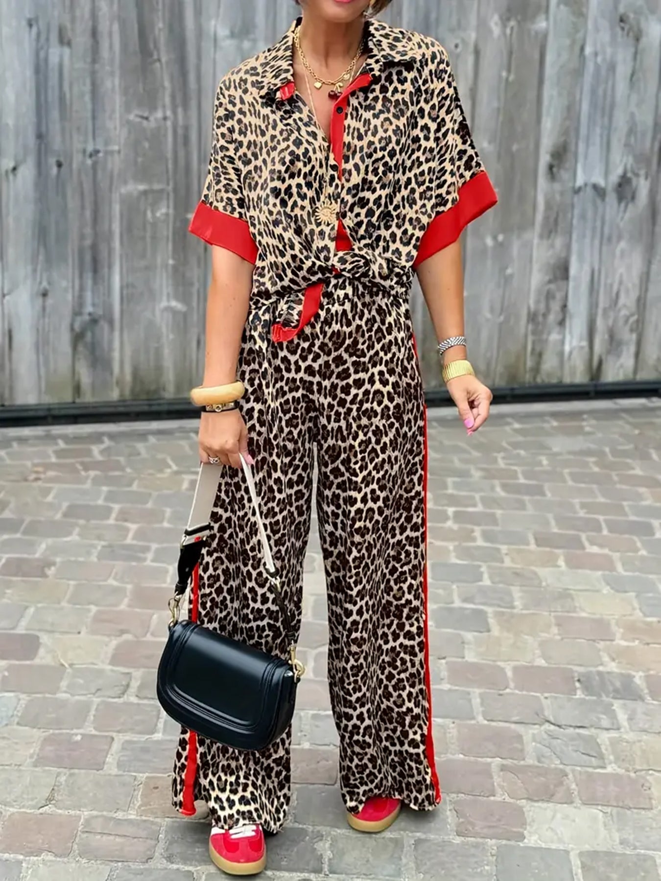 Cherry - Women's Leopard Print Shirt and Wide Leg Set - photo 1