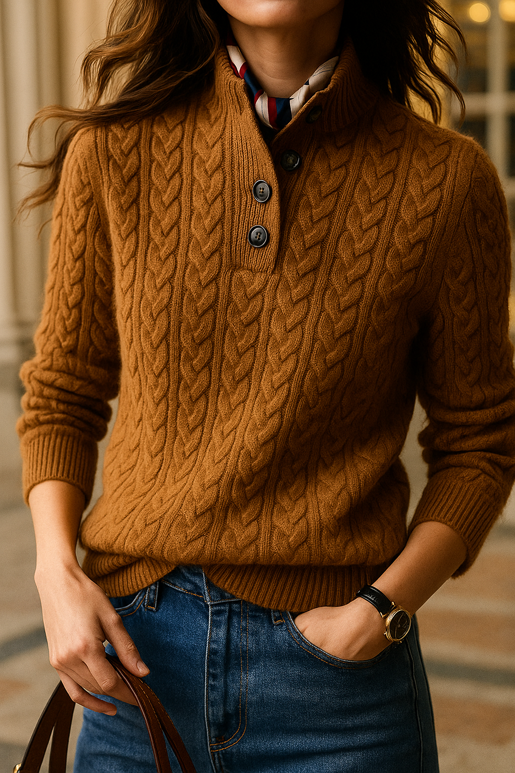 Clara - Women's Cable Knit Jumper with Button Front - photo 1