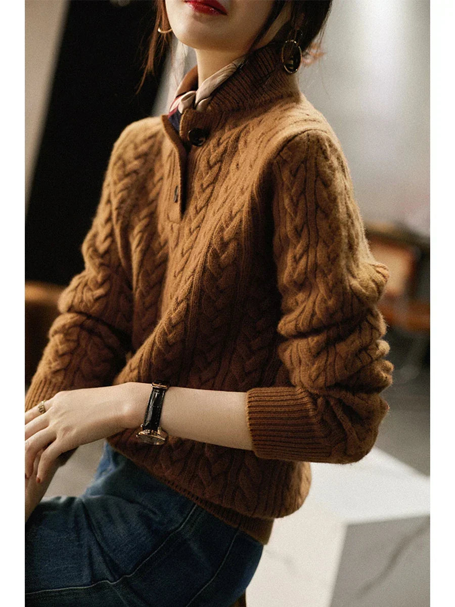 Clara - Women's Cable Knit Jumper with Button Front - photo 7