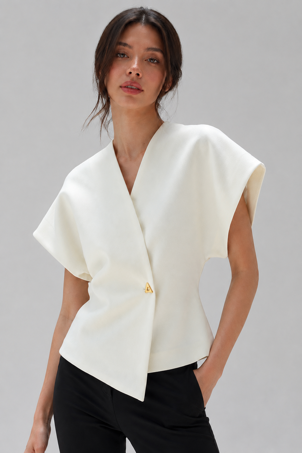Women's Wrap Front Peplum Top with Cap Sleeves - White